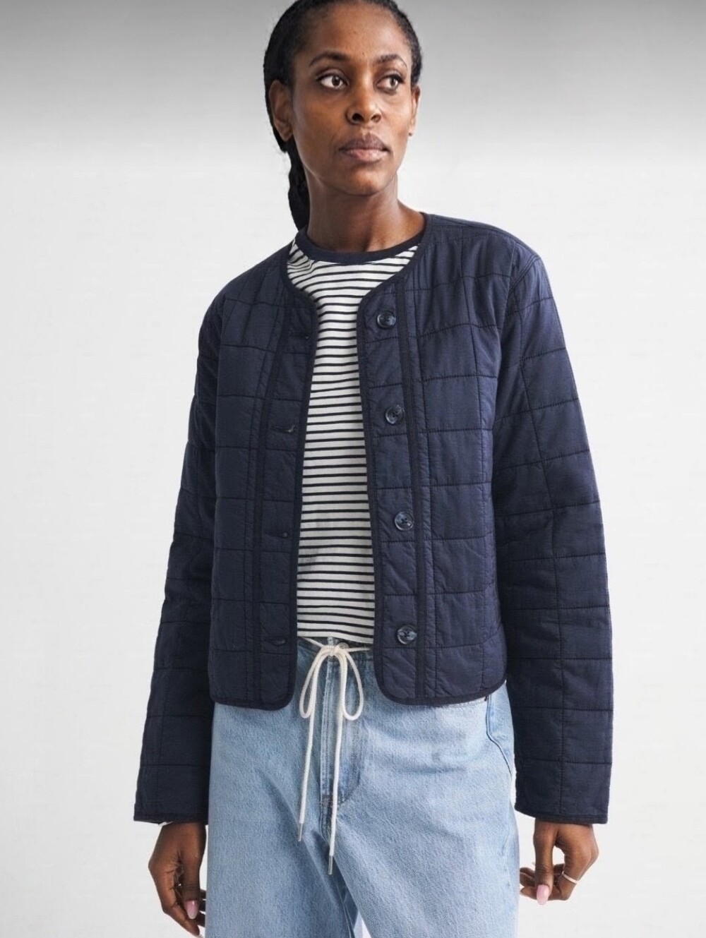 AMBERCROMBIE & FITCH Classic Collarless Quilted Jacket Garment Dye Navy M NWT - Picture 3 of 8